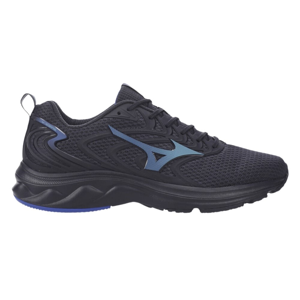 Tênis Mizuno marinho com detalhes azuis, vista lateral direita com cabedal em mesh respirável e sola com amortecimento