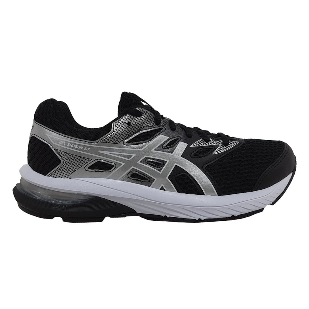 Tênis masculino ASICS Gel-Shogun ST preto em vista lateral direita com detalhes prateados e gel visível no calcanhar