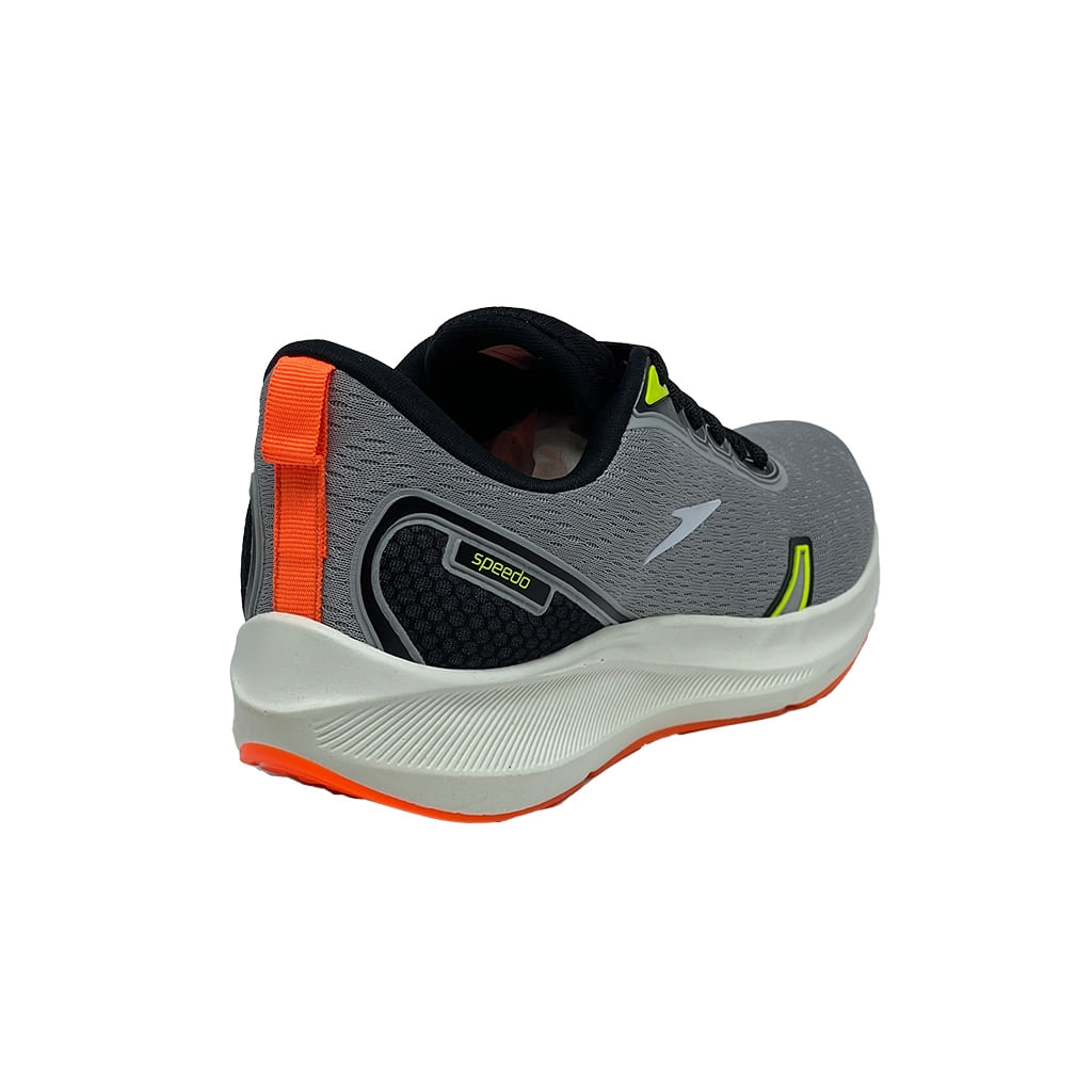 Tênis Speedo Dallas masculino cinza vista traseira com puxador laranja e logo Speedo no calcanhar