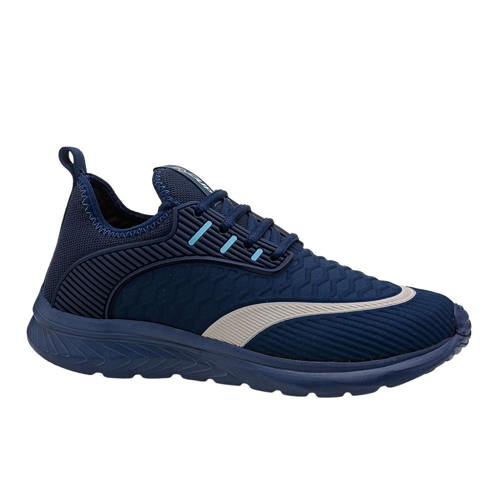 Tênis masculino Mup RP180 na cor marinho com detalhes em cinza e azul claro, material têxtil mesh respirável, fechamento em cadarço e solado em EVA.