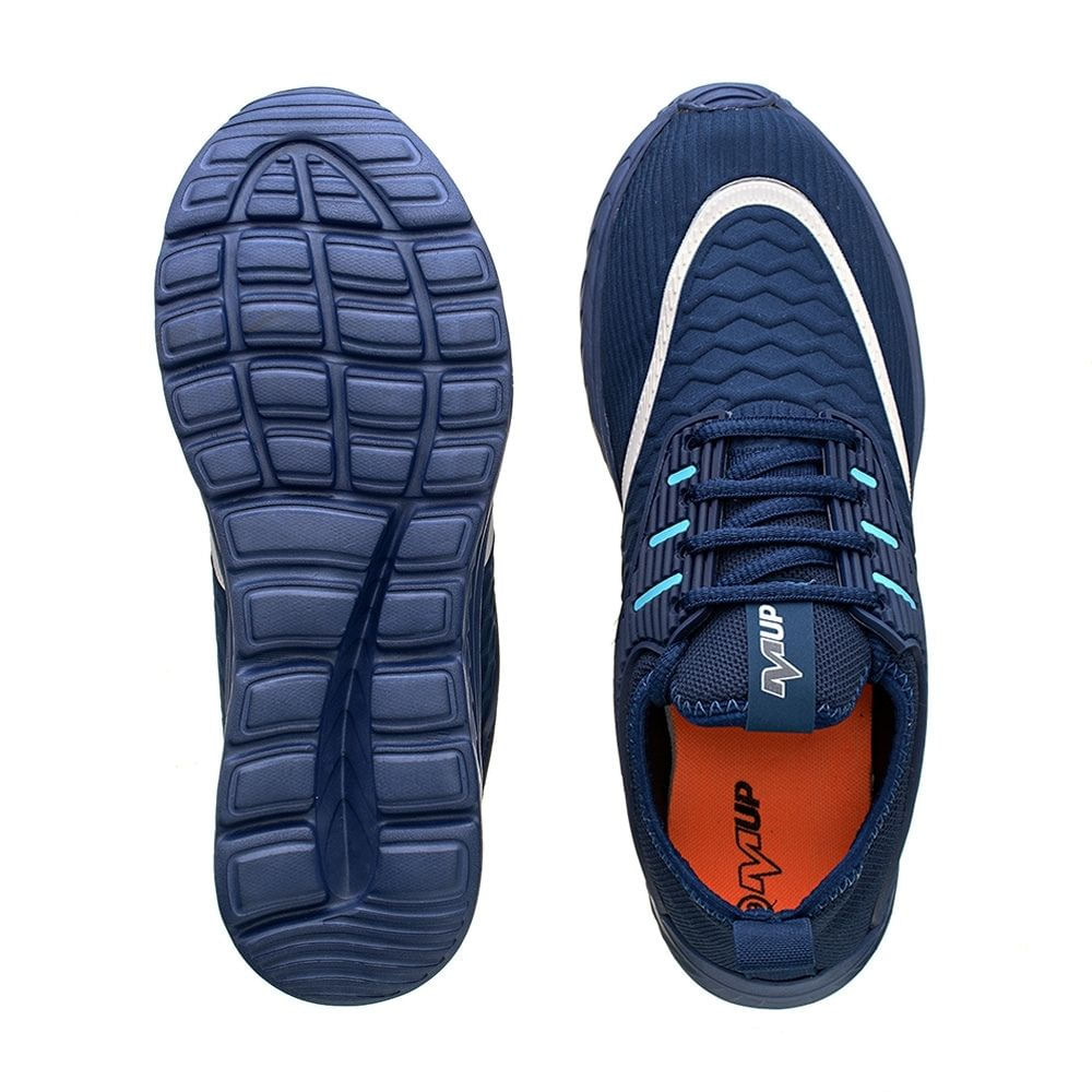 Tênis masculino Mup RP180 azul marinho visto de cima com detalhes em cinza e azul claro, ideal para corrida e caminhada.