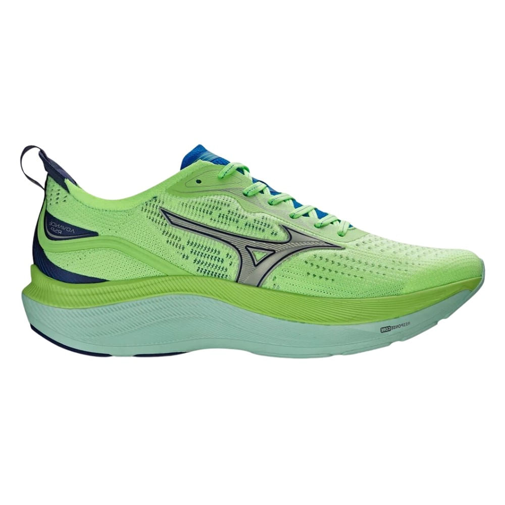 Tênis Mizuno Advance masculino verde visto lateral direito, cabedal em knit e solado em EVA