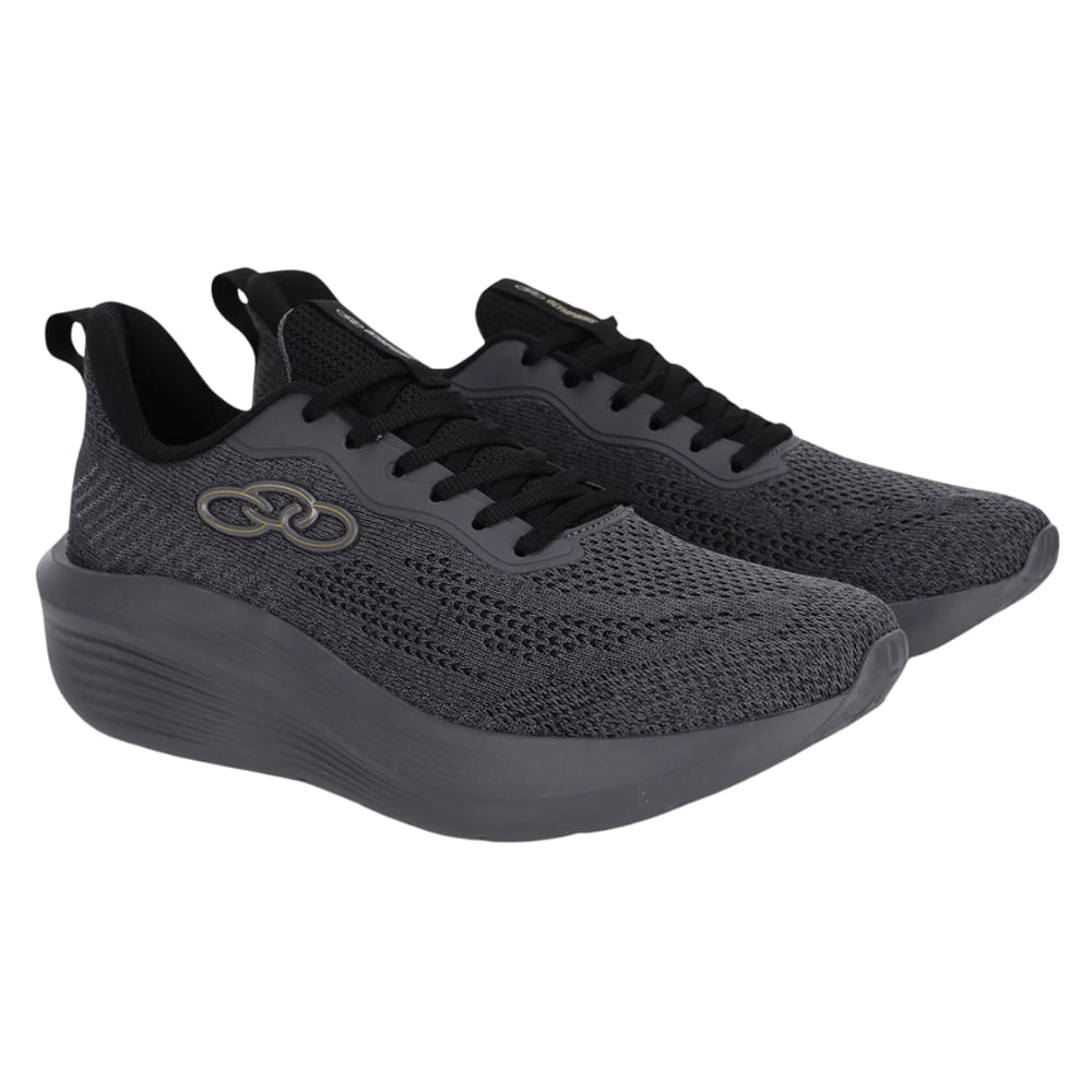 Tênis Olympikus Rayo masculino preto e mescla vista frontal destacando cabedal em tecido Jacquard