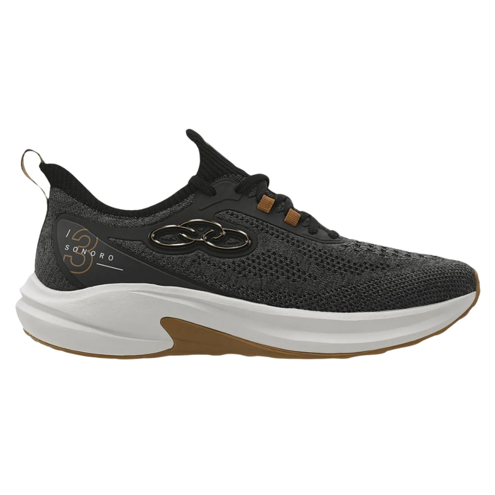 Tênis Olympikus Sonoro 3 masculino na cor preta com detalhes mescla, cabedal em malha knit, entressola branca e sola marrom.