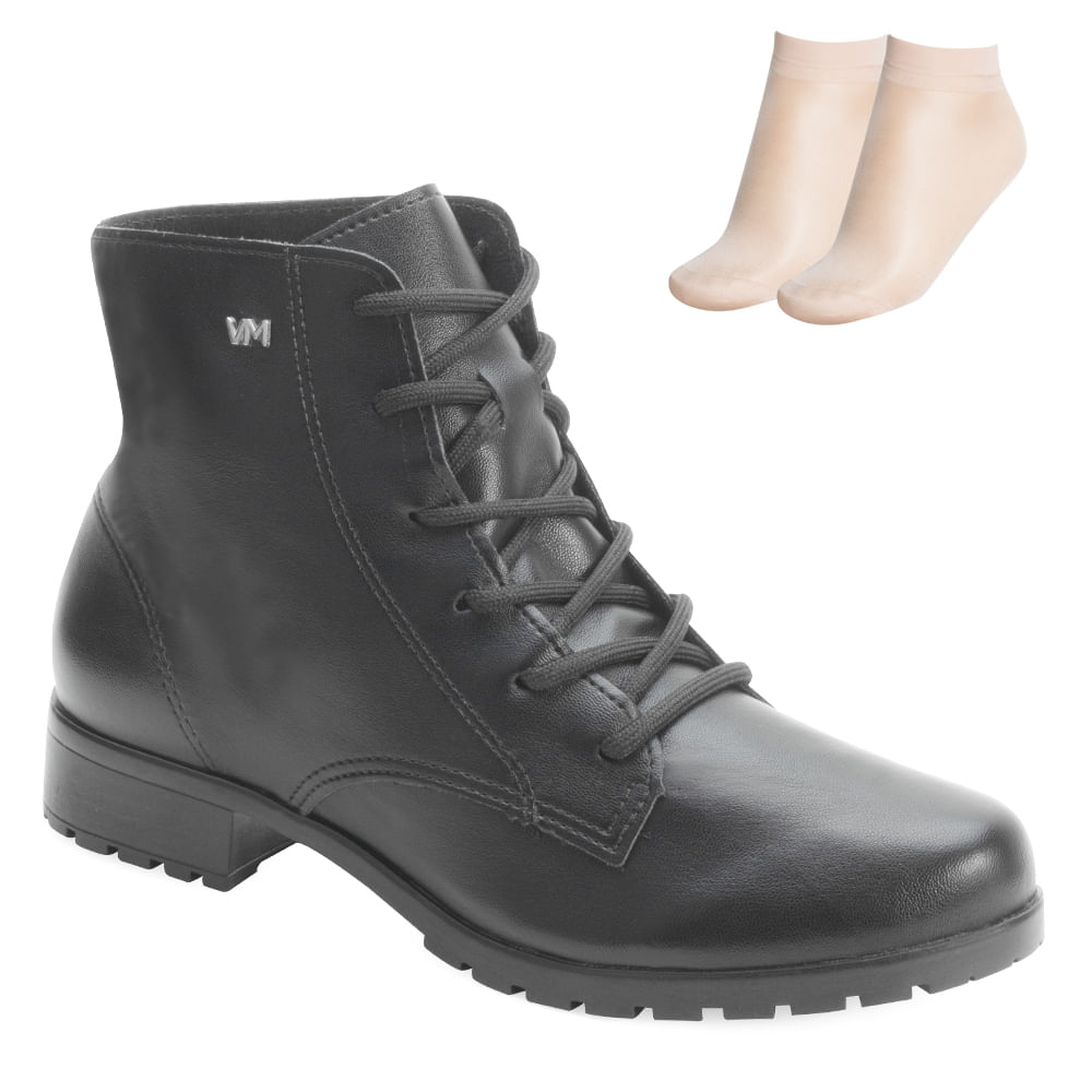Bota coturno preta feminina Via Marte vista frontal com cadarços e solado robusto antiderrapante