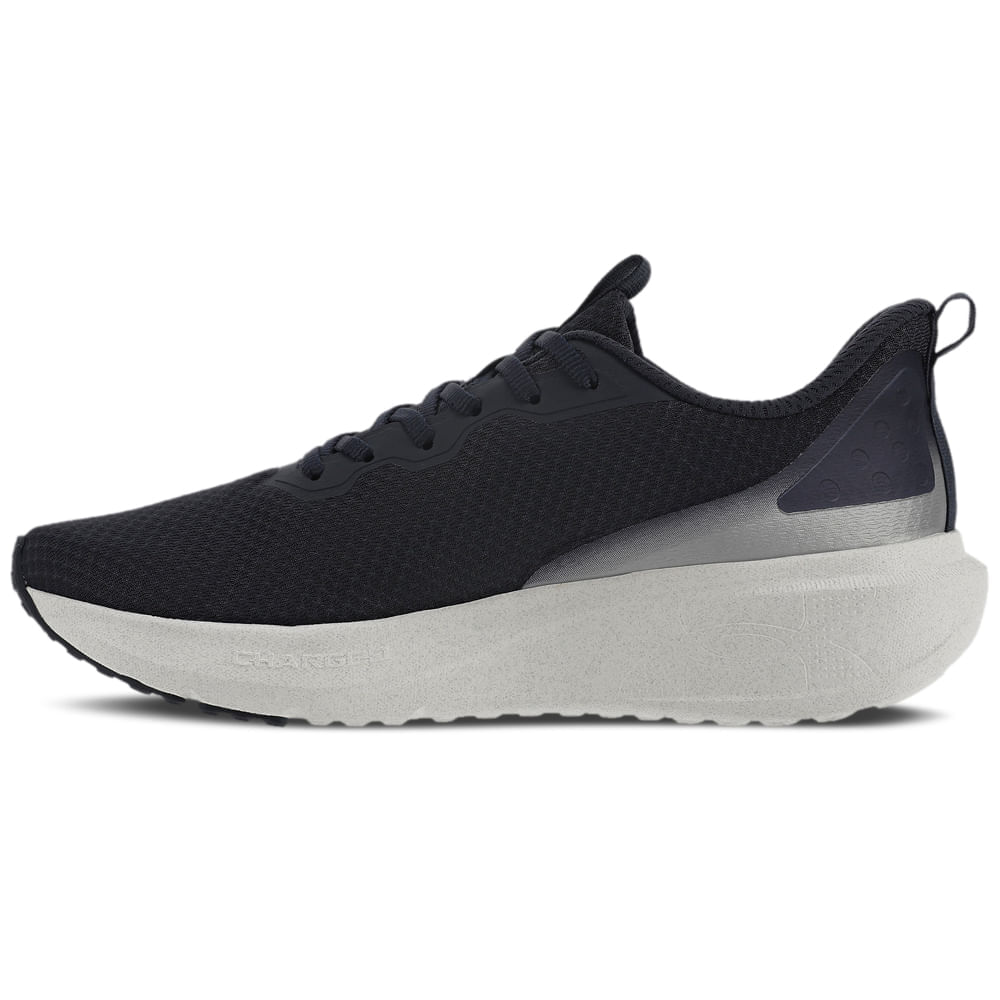 Tênis Under Armour marinho perfil lateral esquerdo destacando amortecimento e design