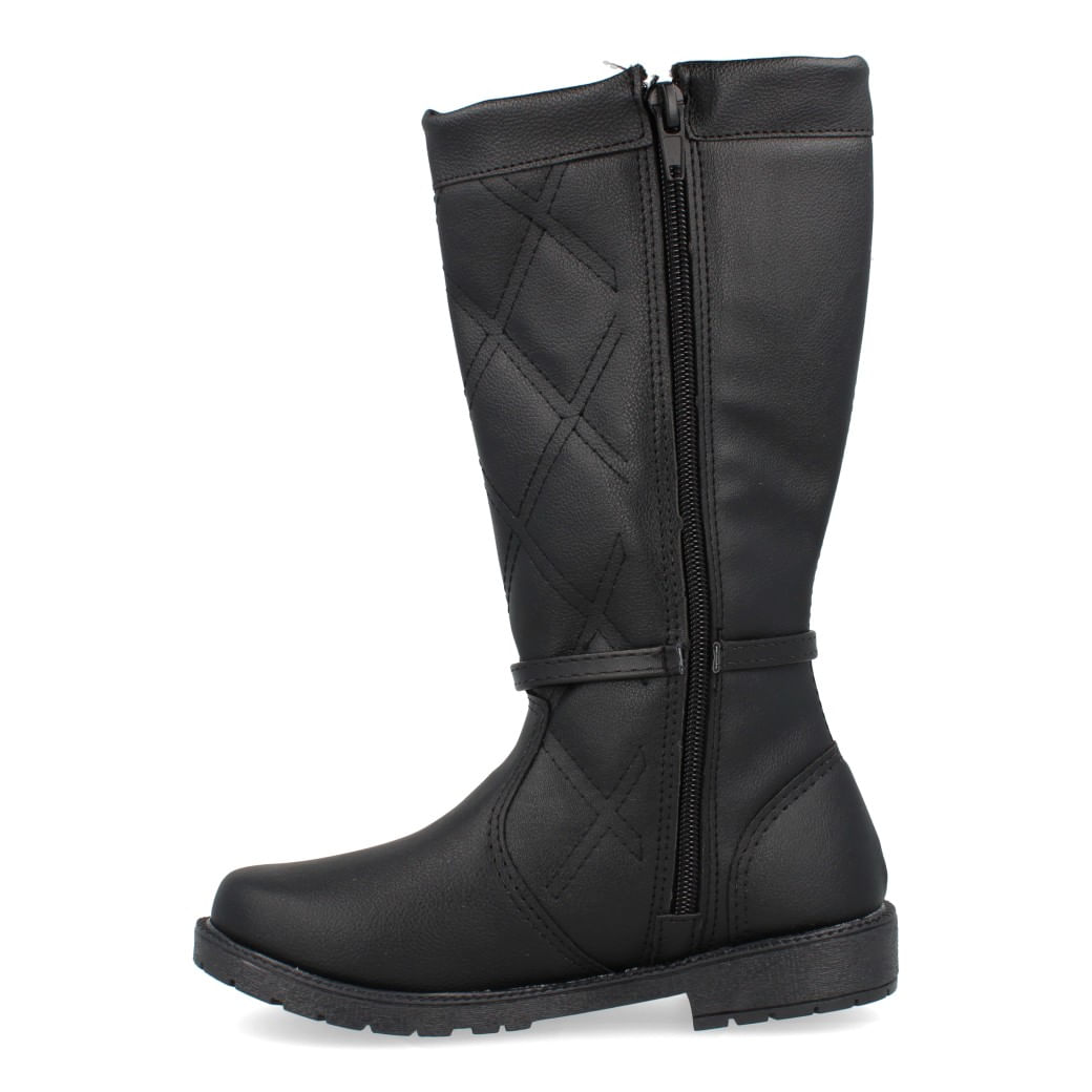 Bota cano longo Mshuz infantil preta vista de perfil com zíper na lateral interna e detalhes em losangos