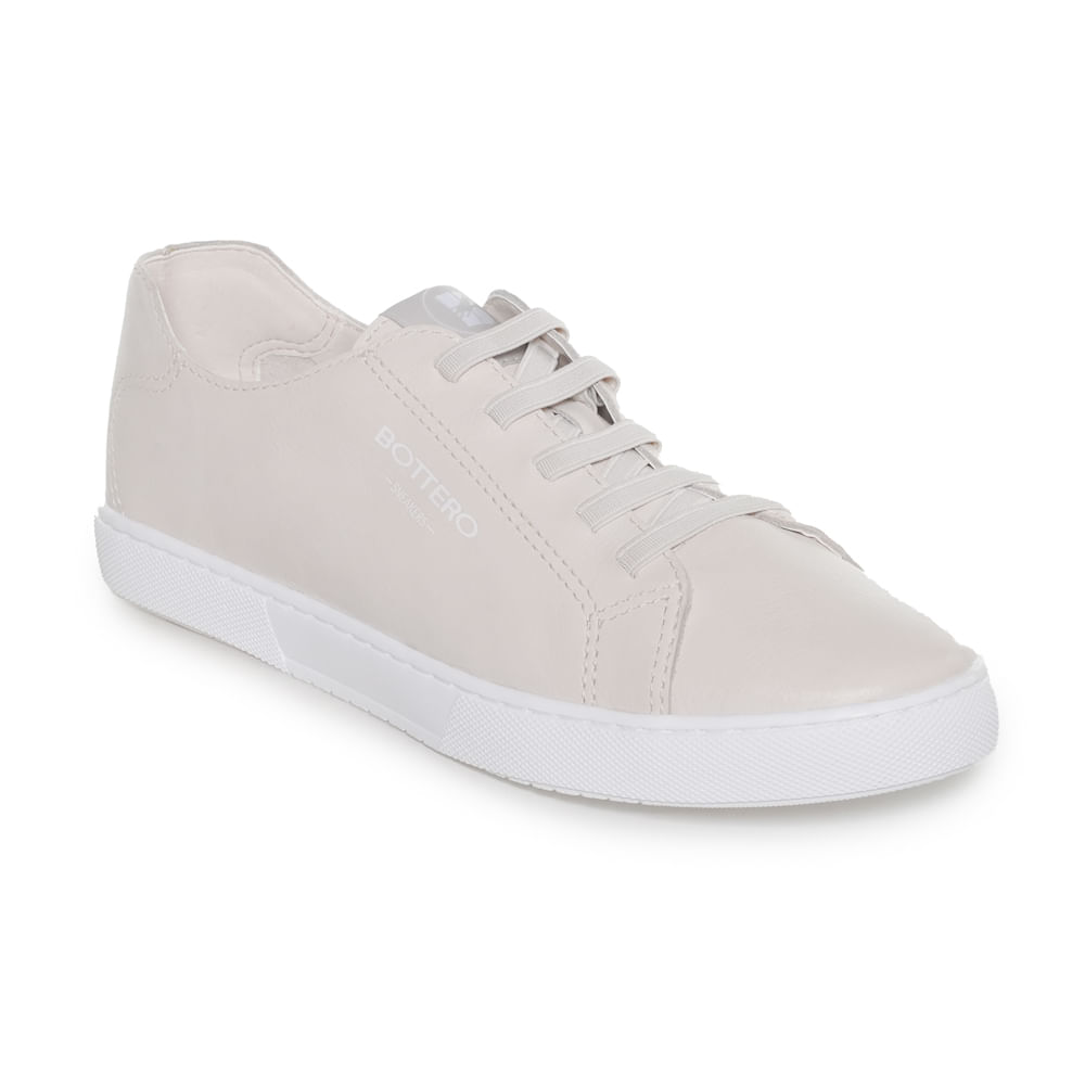 Tênis Bottero feminino off white vista frontal destacando elástico e acabamento em couro
