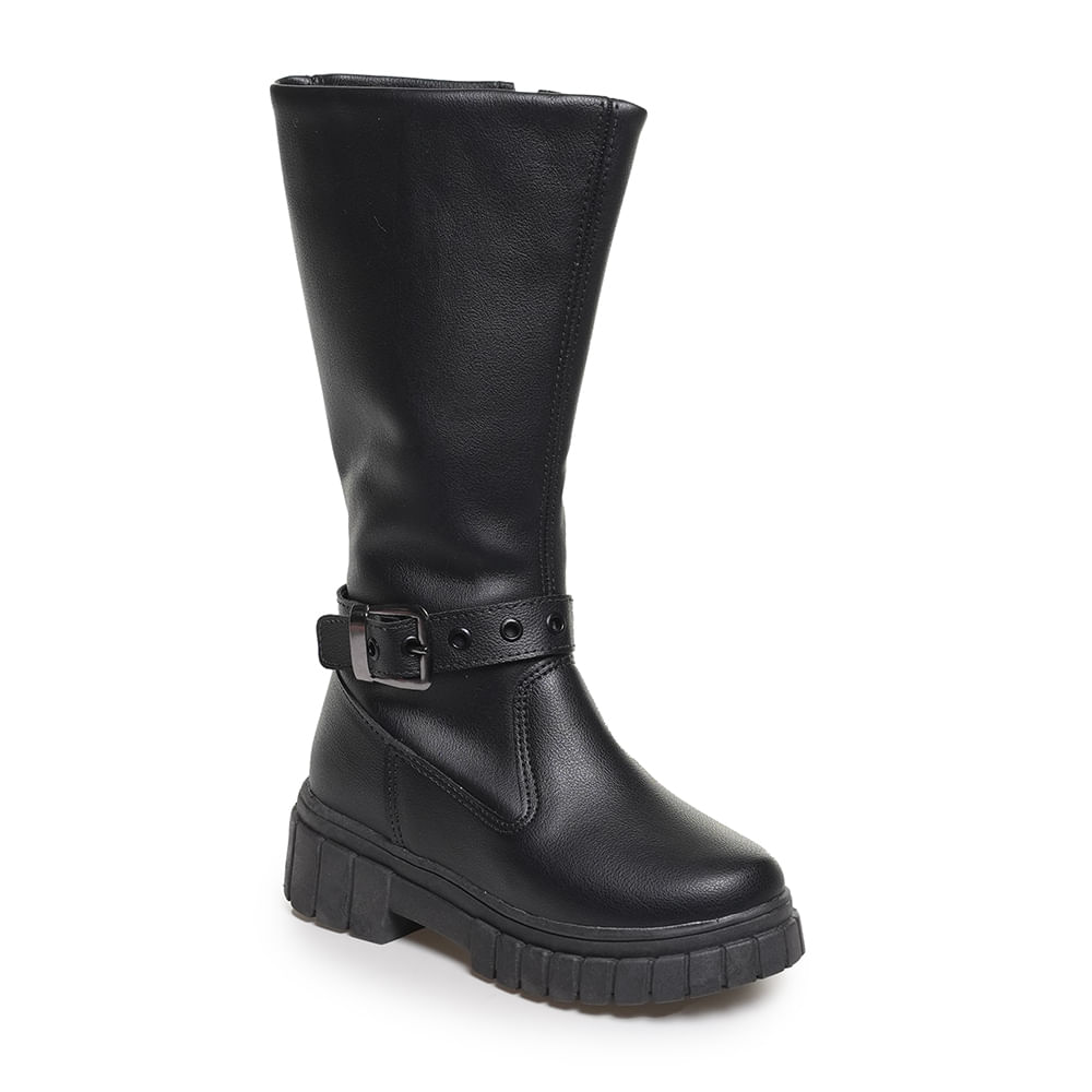 Bota montaria juvenil preta M Shuz vista frontal lateral esquerda destacando design e acabamento