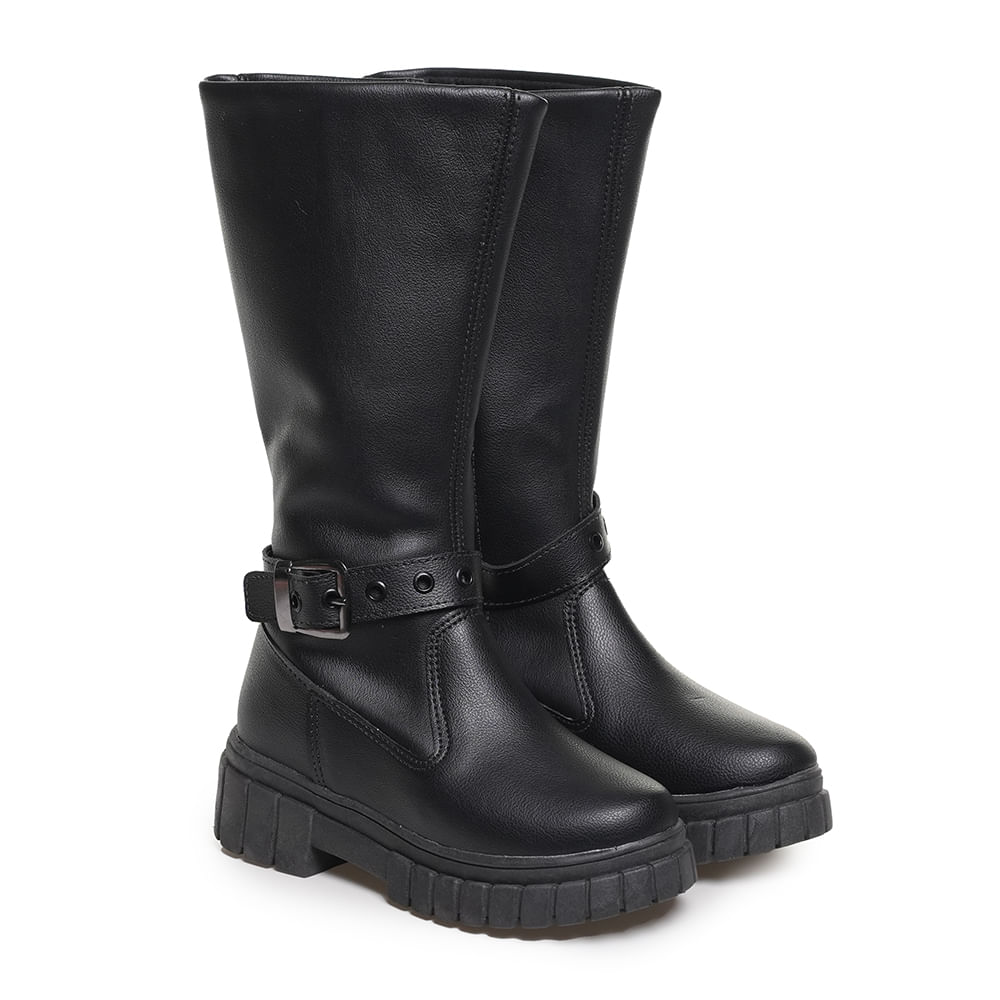 Par de botas montaria juvenil preta M Shuz lado a lado mostrando acabamento e detalhes