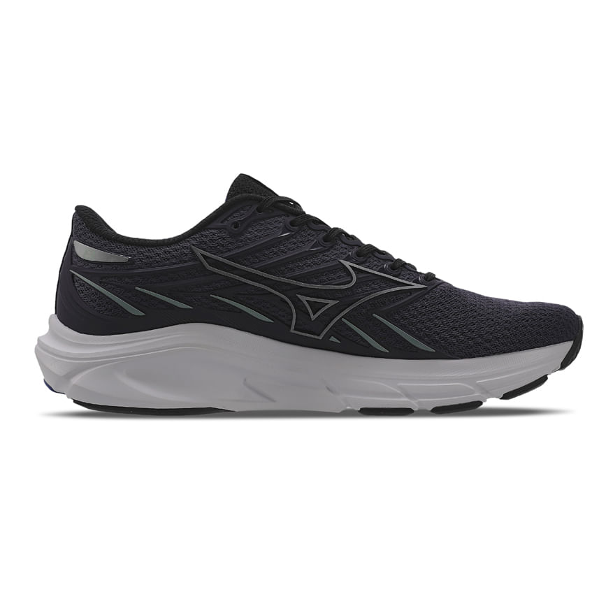 Tênis Mizuno Jet 8 masculino em vista lateral direita com cabedal em mesh marinho e entressola branca, fechamento por cadarço.