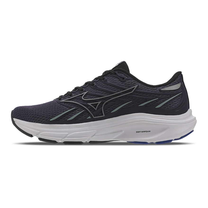 Tênis Mizuno Jet 8 masculino em vista lateral esquerda mostrando detalhes do mesh marinho e sola de borracha.