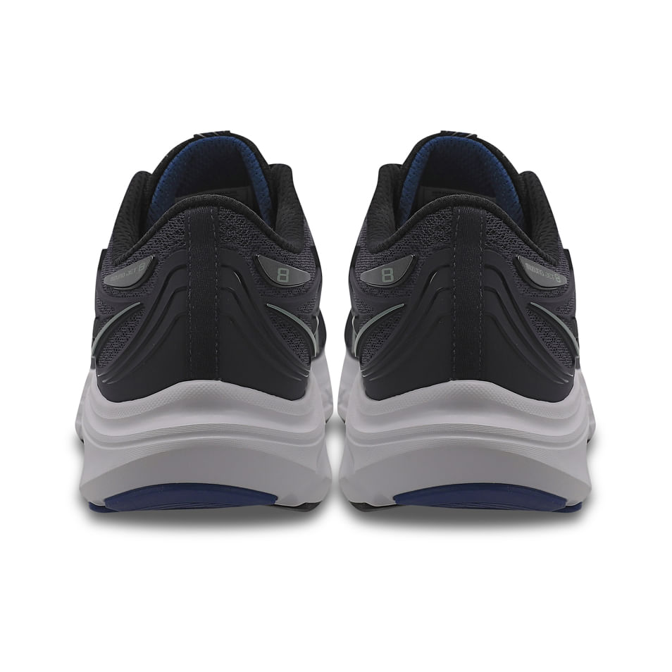 Tênis Mizuno Jet 8 masculino visto por trás mostrando entressola branca e sola com pontos coloridos.