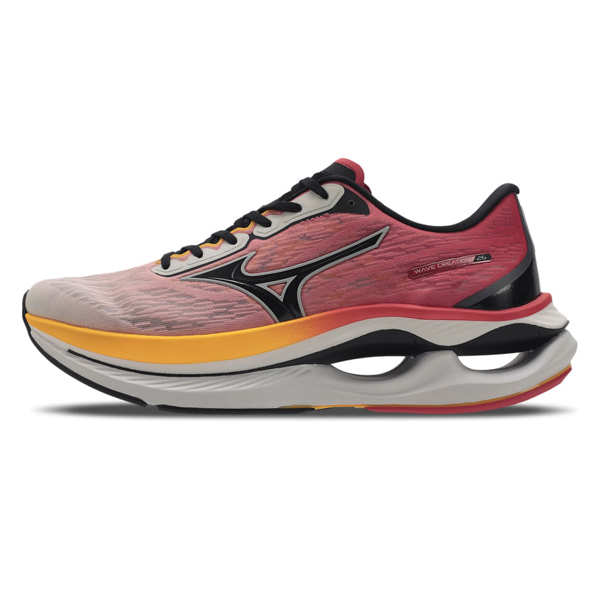 Tênis Mizuno Wave Creation 26 masculino vermelho exibido de perfil direito mostrando detalhes do cabedal e entressola