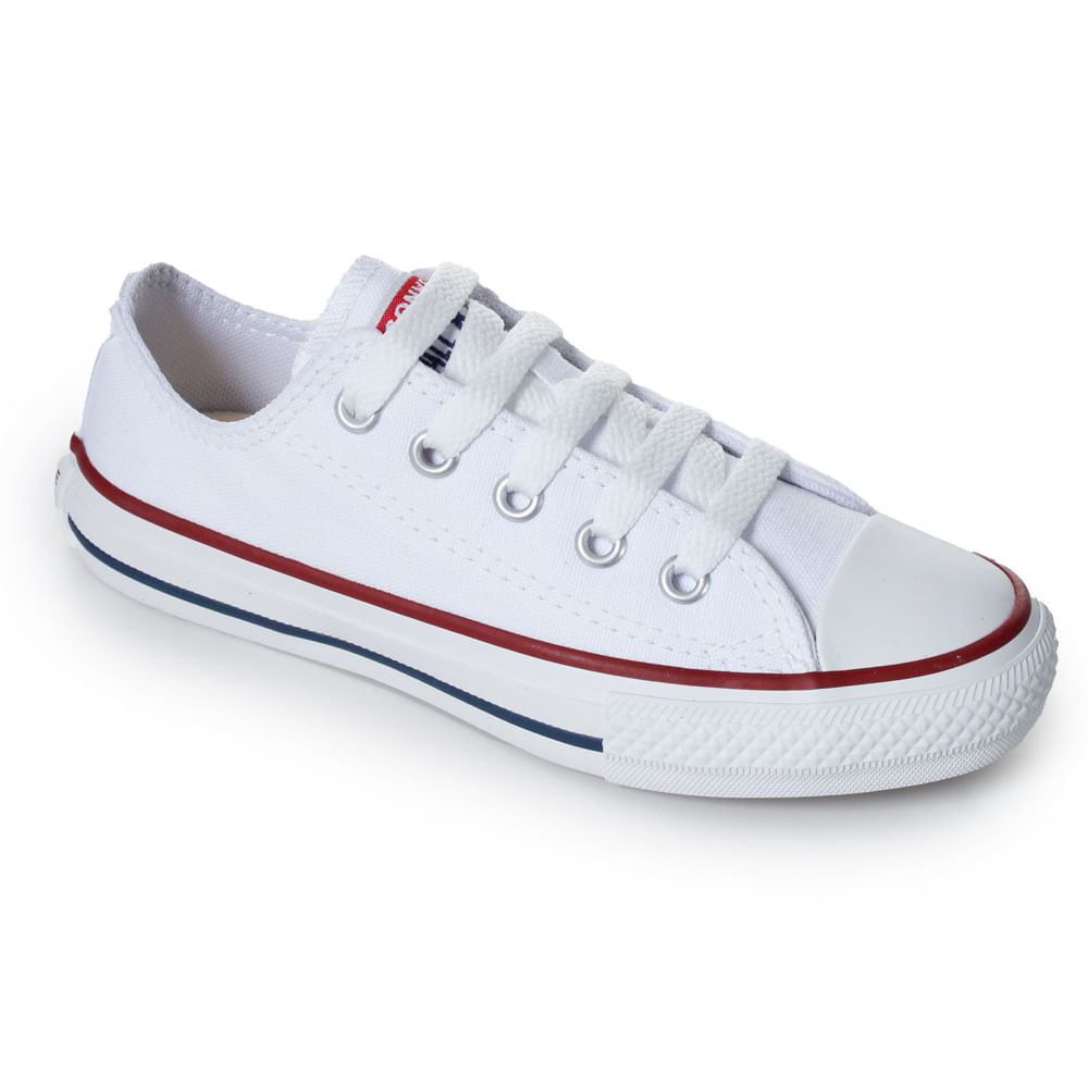 Tênis Chuck Taylor All Star juvenil branco vista superior com cadarços e detalhes em lona.