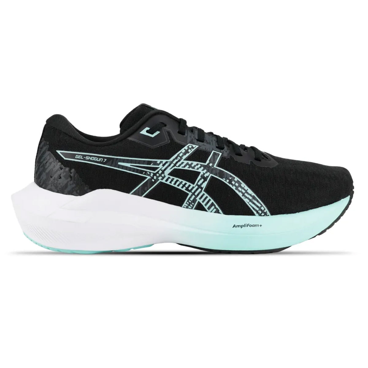 Tênis feminino Asics Gel Shogun 7 preto em vista lateral direita com detalhes em azul-claro