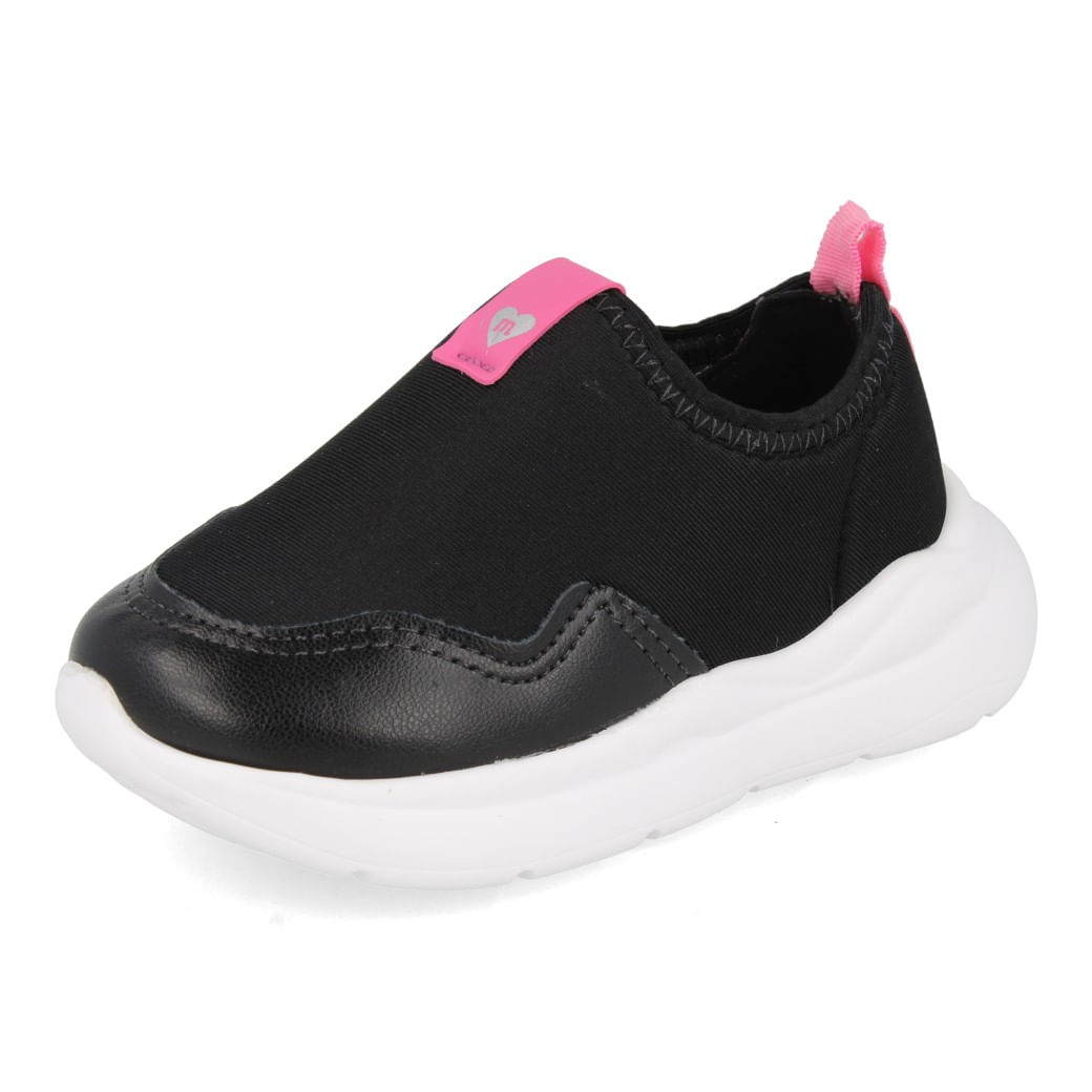 Tênis Molekinha infantil slip on preto com detalhes em rosa e solado branco espesso