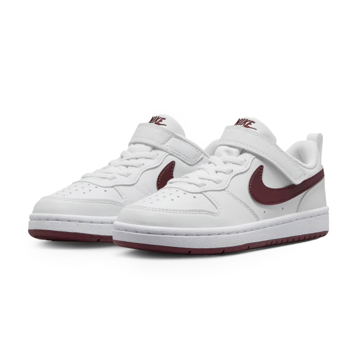 Tênis Nike Court Borough Low branco com detalhes bordô vista frontal e lateral