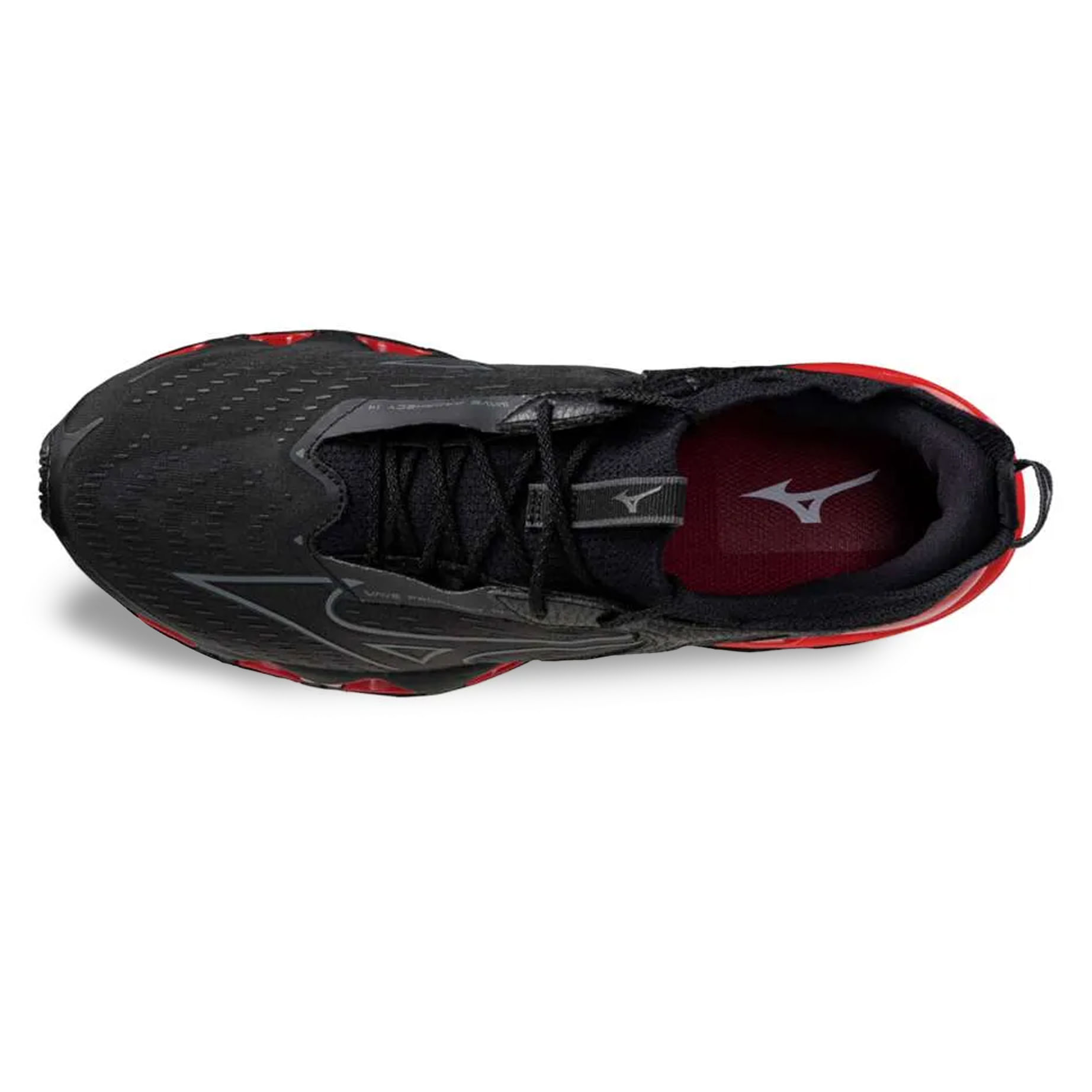 Tênis Mizuno Wave Prophecy 14 masculino preto vista lateral com cadarço e entressola vermelha