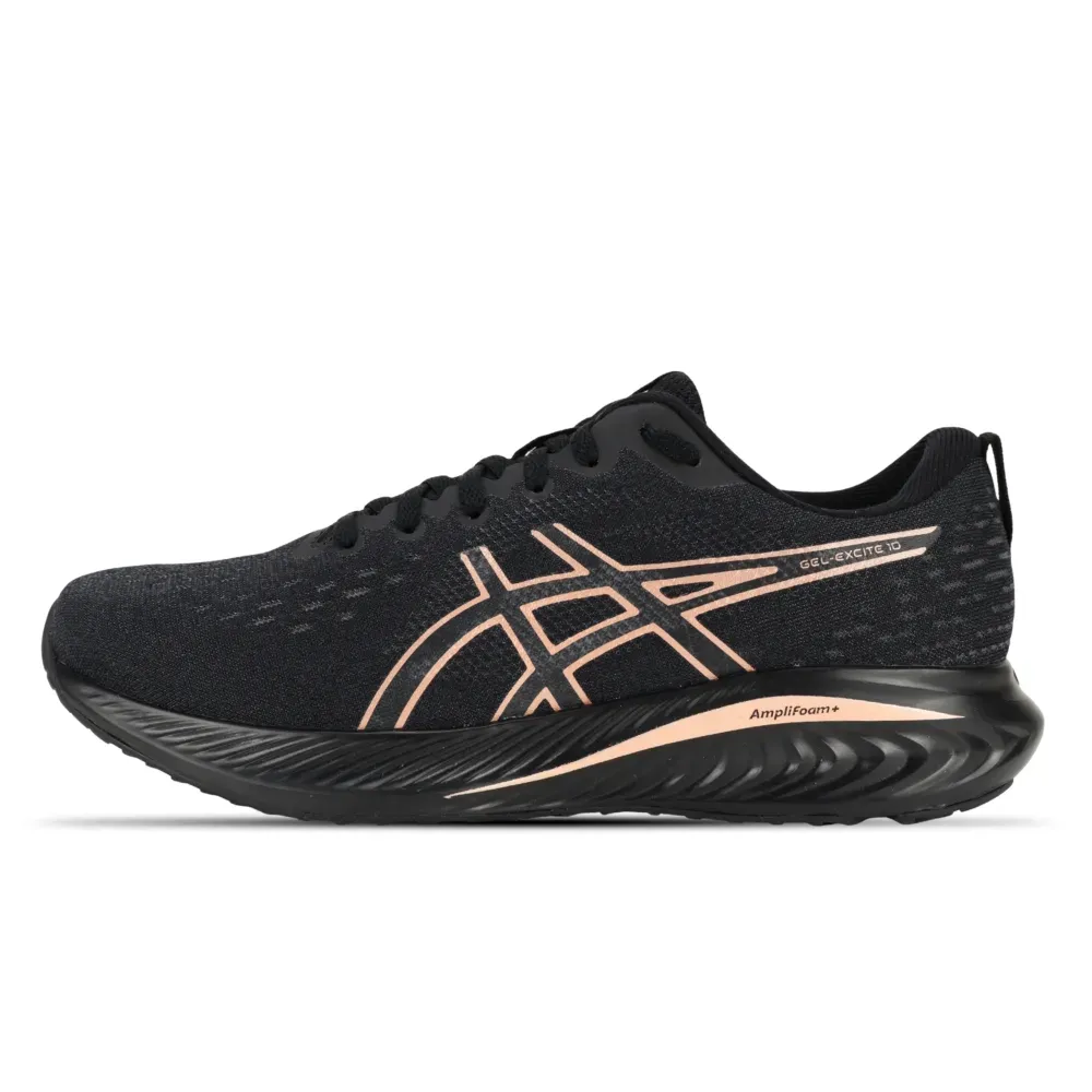 Tênis Asics Gel Excite 10 preto vista lateral esquerda mostrando cabedal em mesh e entressola texturizada
