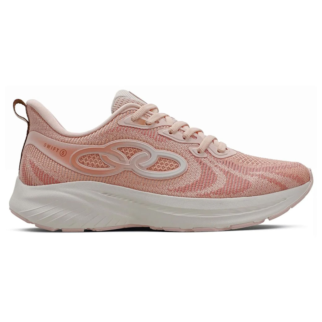 Tênis feminino Olympikus Swift 5 rosa claro vista lateral direita com cabedal em malha knit têxtil mesh com sobreposições sintéticas e logo aplicado