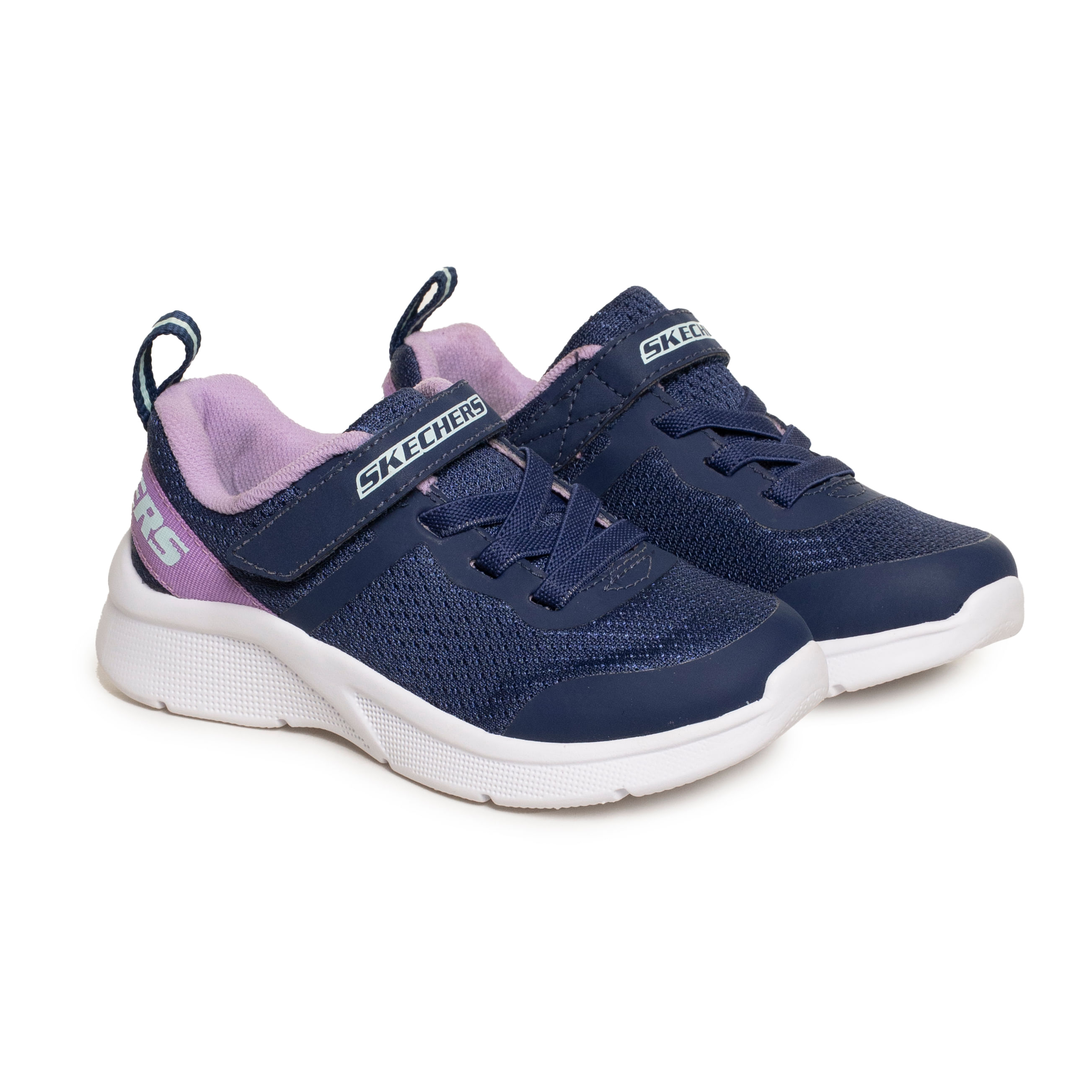 Tênis infantil Skechers Microspec Go Planet azul marinho com solado branco vista frontal