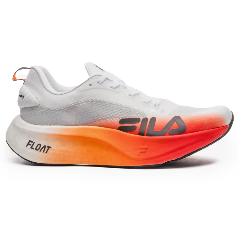 Tênis Fila Float Maxxi 2 Pro masculino branco com detalhes em laranja e vermelho, vista lateral direita