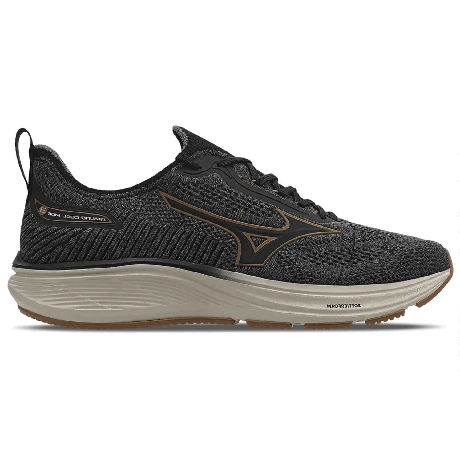 Tênis masculino Mizuno Cool Ride 3 preto em vista lateral direita com cabedal knit respirável e solado de borracha.