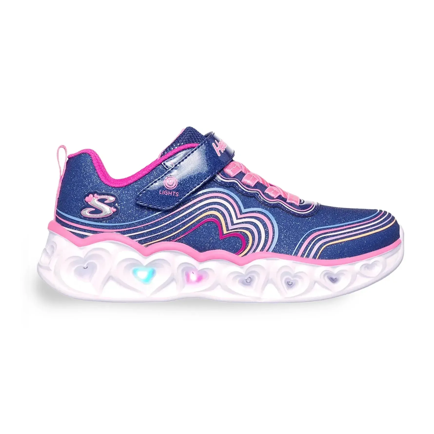 Tênis Skechers lilás vista lateral esquerda com brilho e detalhes coloridos iluminados