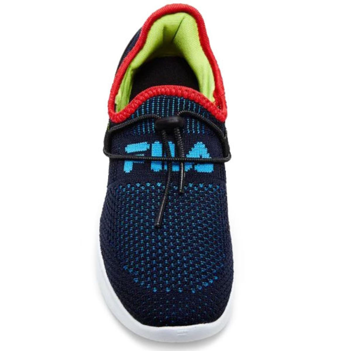 Tênis infantil Fila Play azul marinho com detalhes coloridos e fechamento elástico ajustável