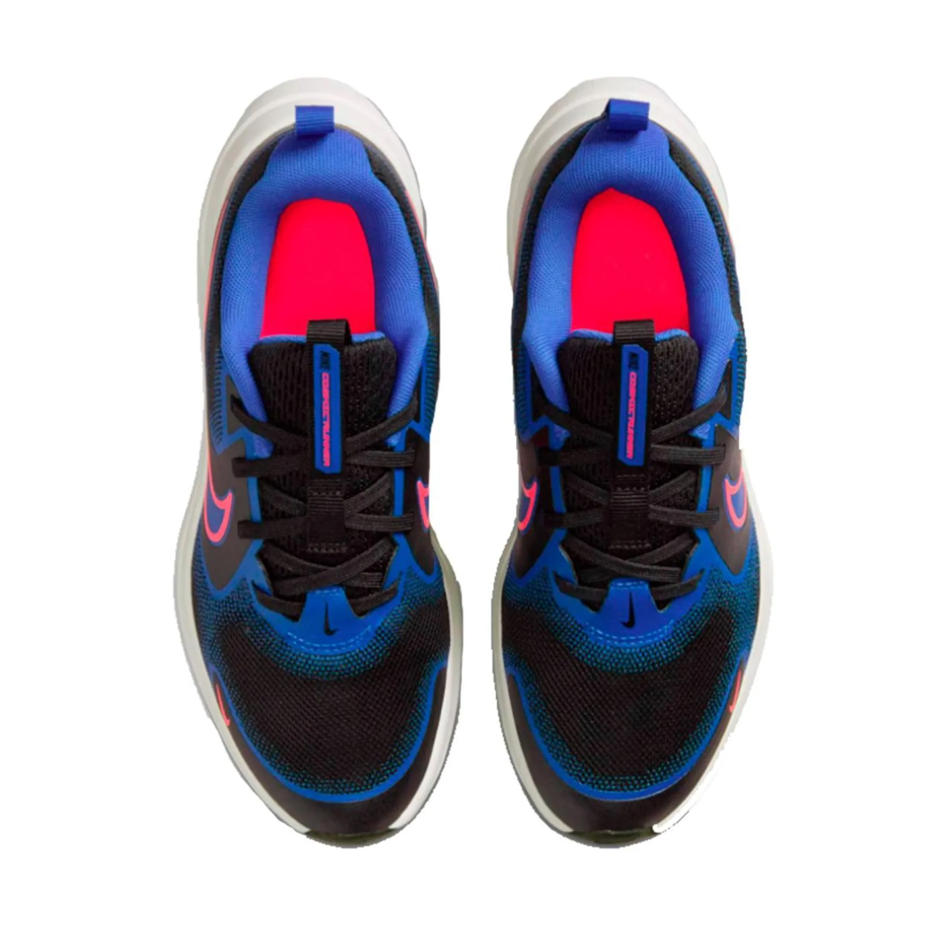 Tênis Nike Cosmic Runner infantil visto de cima com cabedal azul e cadarços pretos