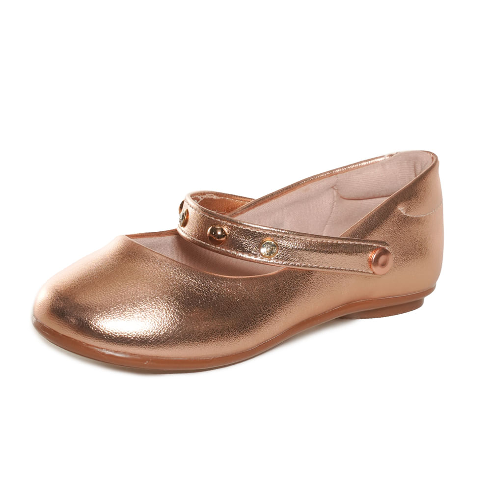 Vista lateral da sapatilha Molekinha ouro rosada mostrando palmilha acolchoada e detalhes brilhantes na tira