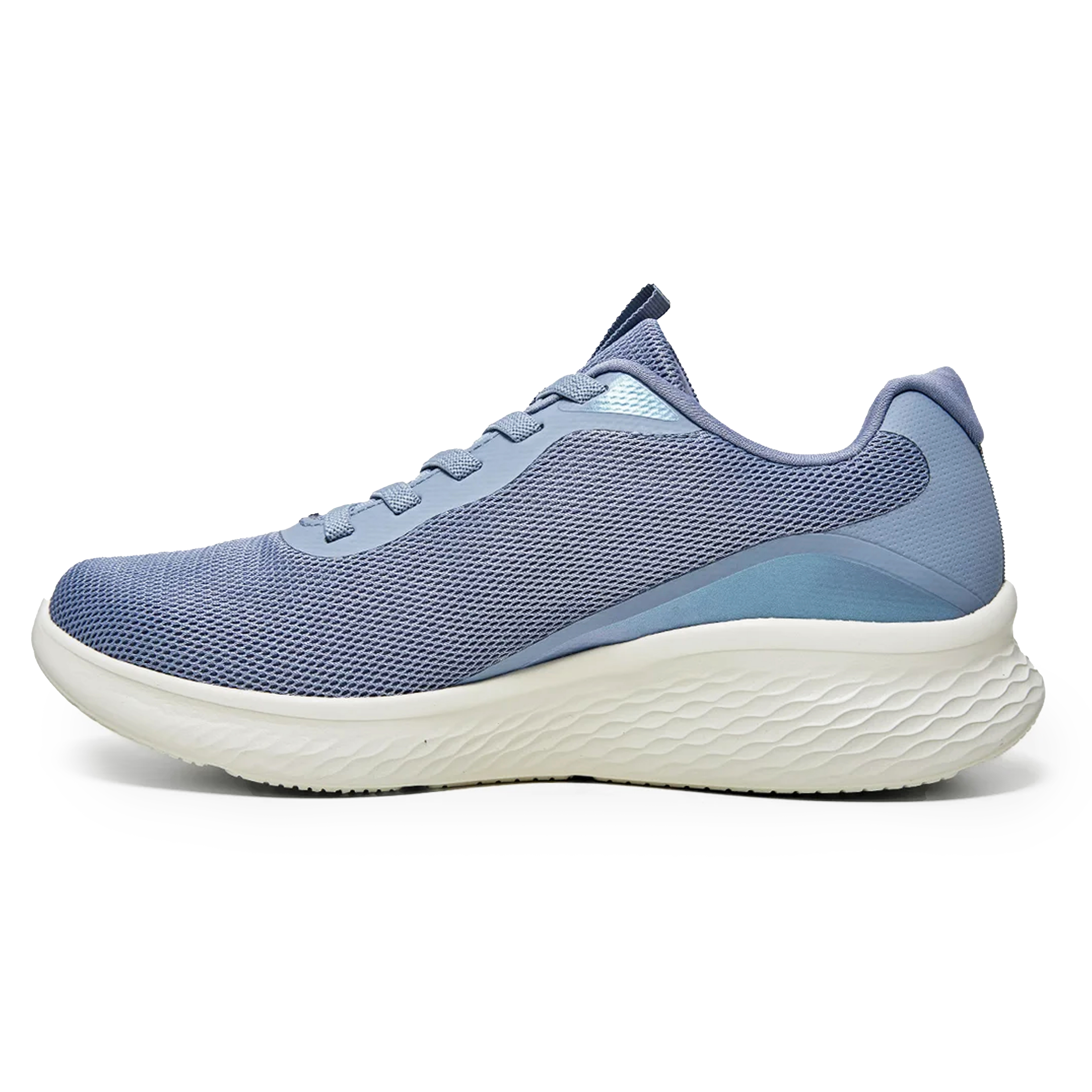 Tênis Skechers azul perfil lateral esquerdo mostrando detalhes do cabedal em malha e sola de borracha
