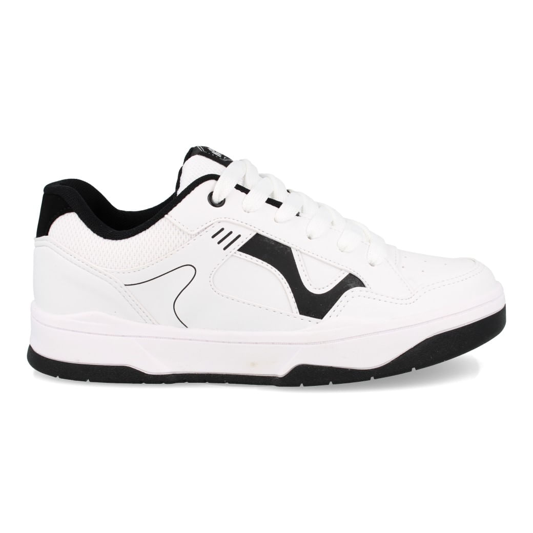 Tênis masculino branco com detalhes em preto, vista lateral direita, cabedal sintético com painel em mesh e cadarços brancos