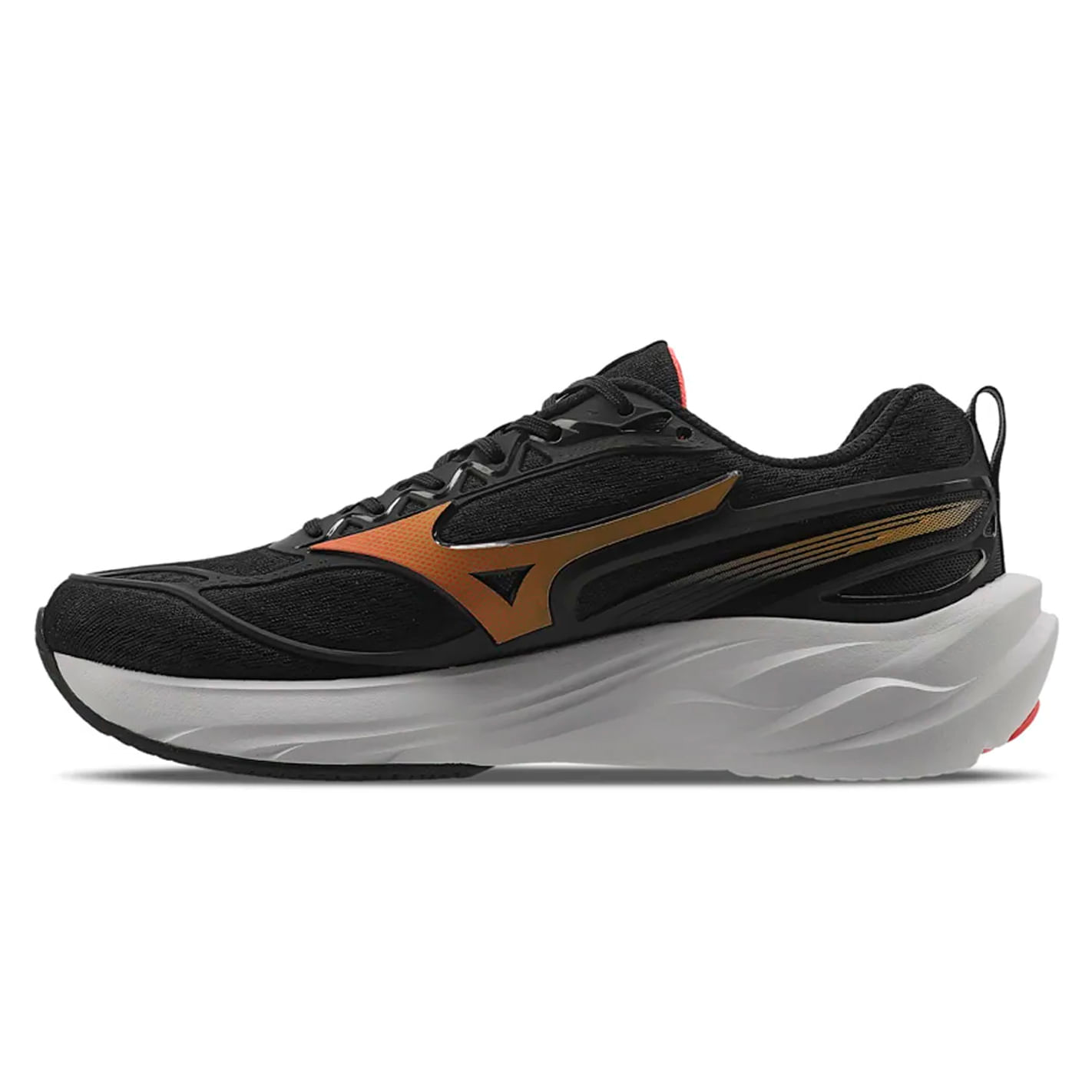 Tênis Mizuno Space 5 masculino preto em vista lateral esquerda mostrando detalhes do cabedal e sola