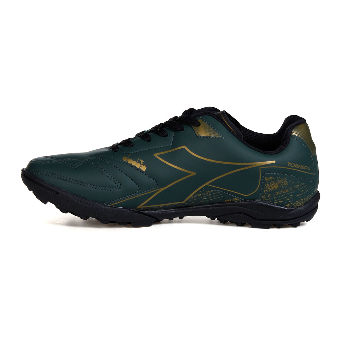 Chuteira Diadora Torneo II verde vista lateral esquerda com cadarço preto e detalhes dourados.