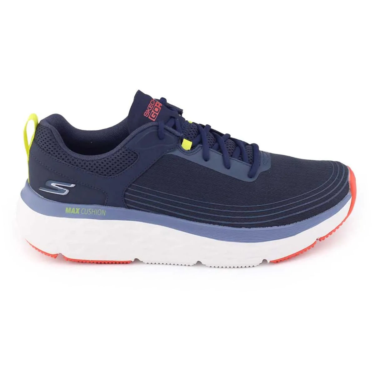 Tênis Skechers Max Cushioning azul escuro vista lateral direita destacando a entressola e design.