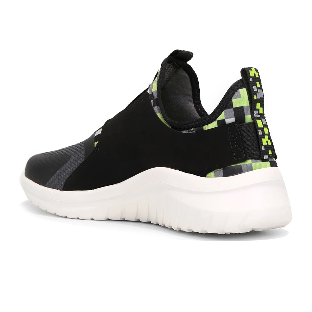 Vista traseira do tênis infantil Skechers Ultra Flex 2.0 com detalhes em preto e solado branco