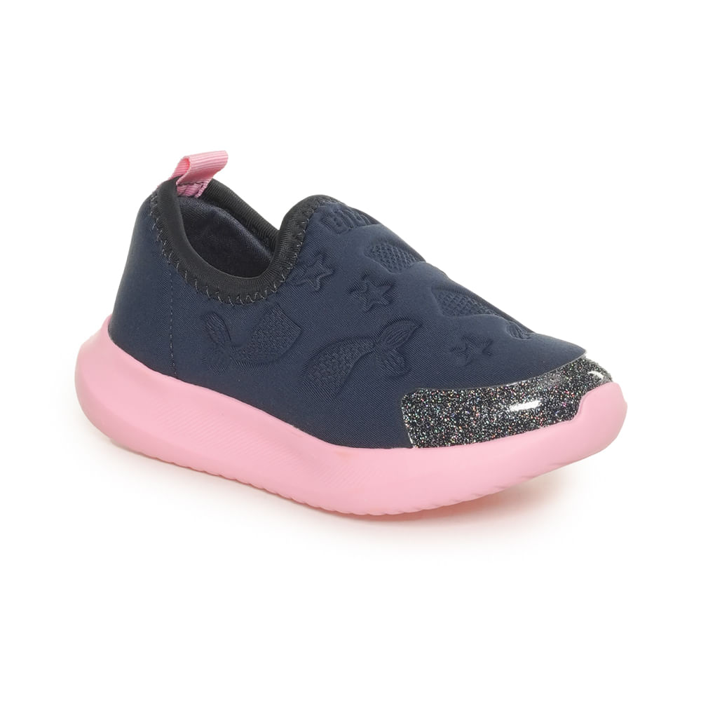 Tênis Bibi Flash juvenil marinho vista frontal direita com detalhes em glitter e solado rosa