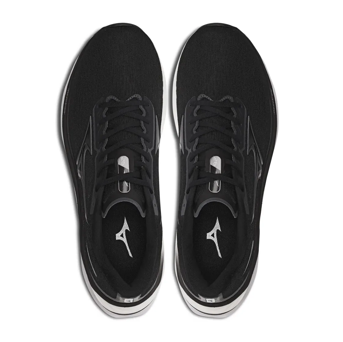 Vista superior do tênis Mizuno Wave Creation 26 masculino preto mostrando detalhes do cabedal e cadarços