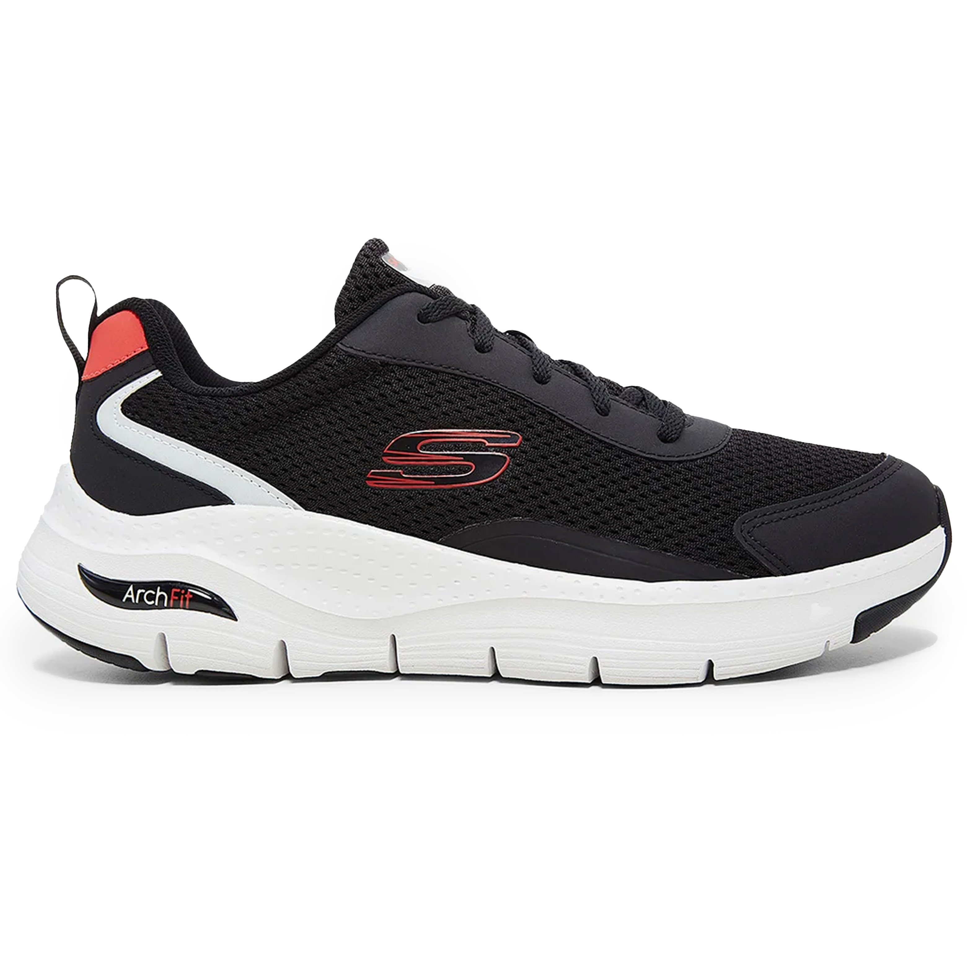 Tênis masculino Skechers Arch Fit preto em perfil lateral direito com cabedal em mesh têxtil e detalhes sintéticos.