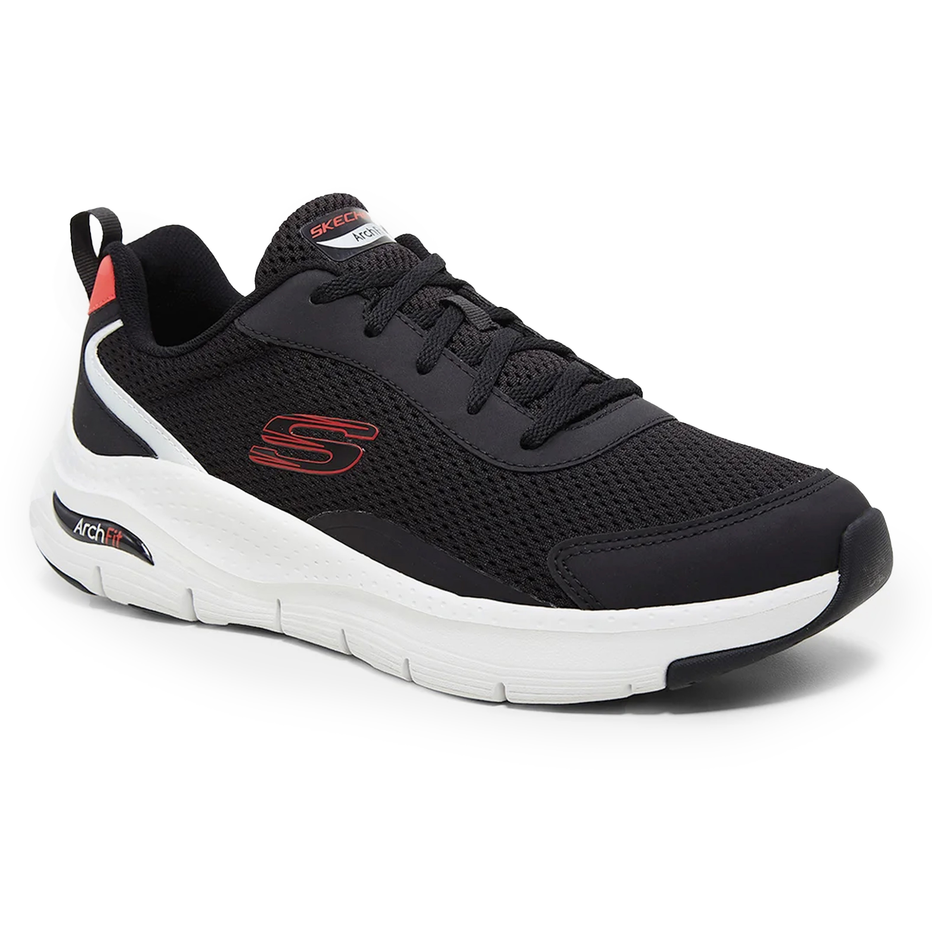Tênis Skechers Arch Fit masculino preto vista frontal lateral mostrando cabedal respirável e cadarços.