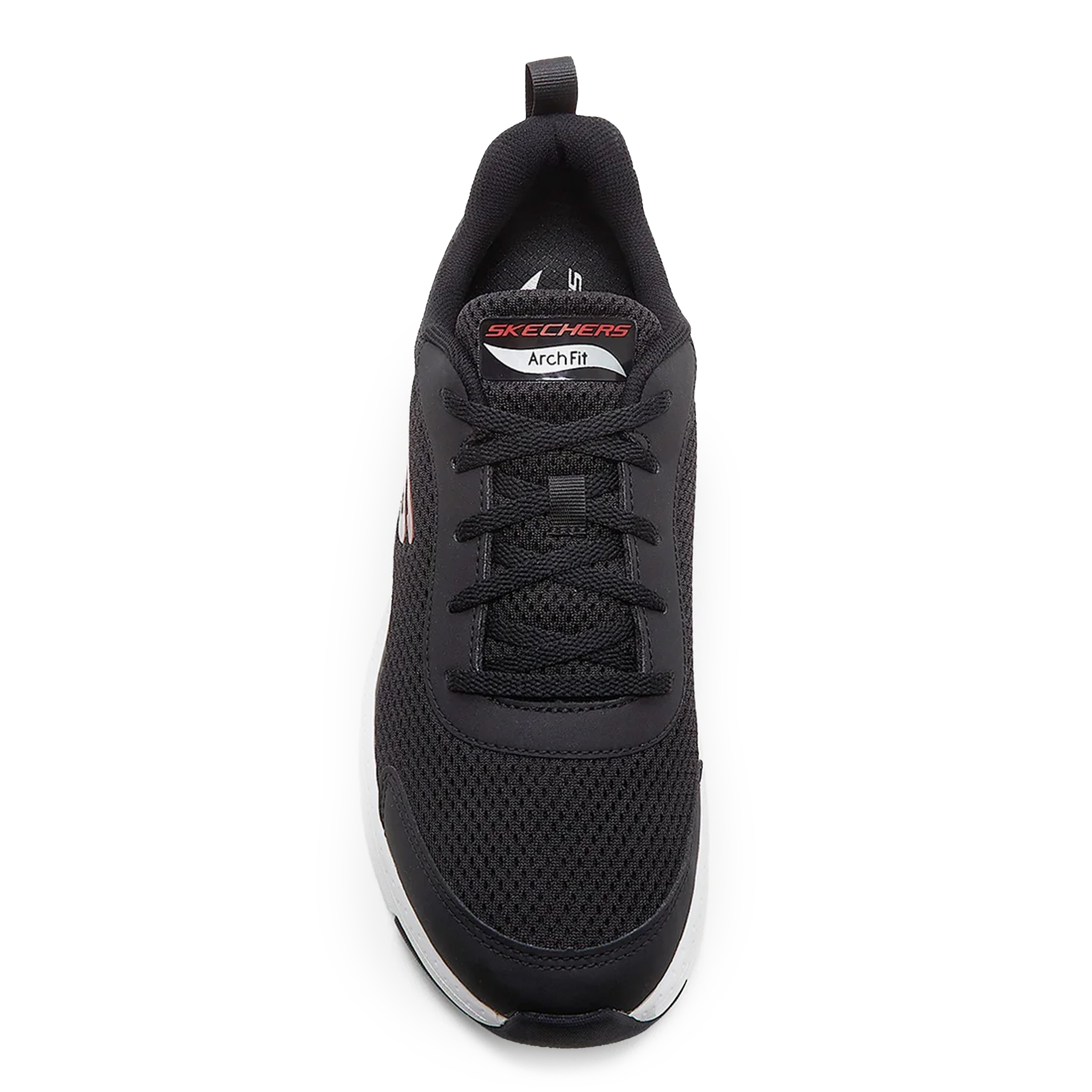 Visão superior do tênis Skechers Arch Fit masculino preto mostrando amarração e acabamento acolchoado