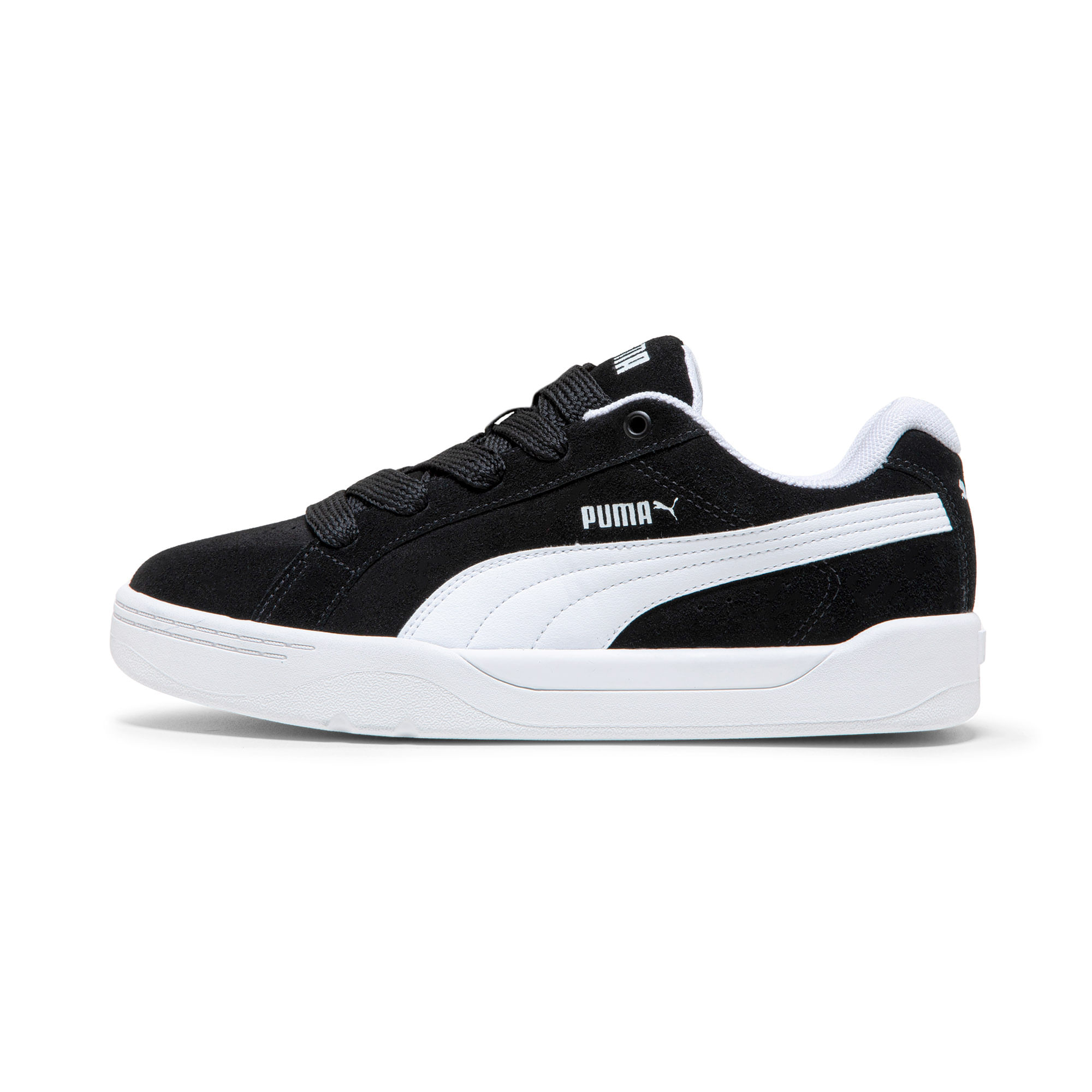 Tênis Puma Park Lifestyle Easy SD BDP masculino preto, vista lateral destacando camurça e faixa branca
