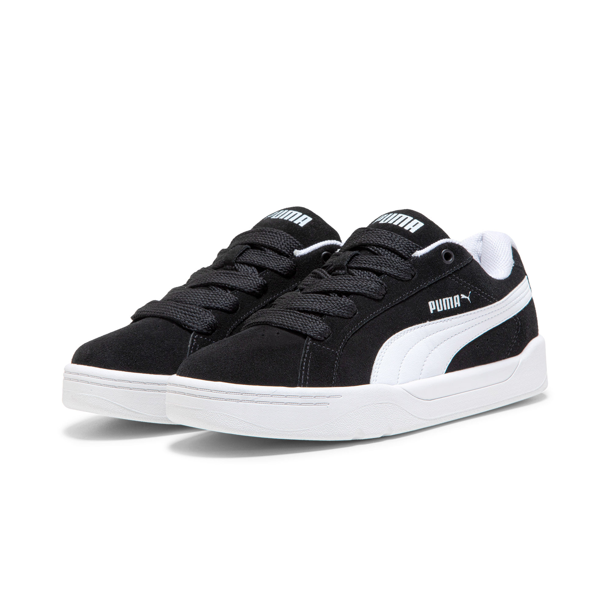 Par de tênis Puma Park Lifestyle Easy SD BDP masculino preto com faixa branca, vista frontal e lateral