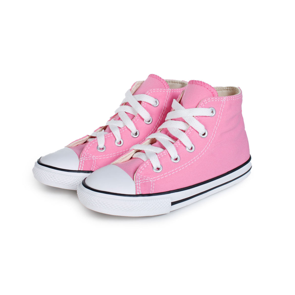 Tênis infantil cano alto em canvas rosa com detalhes reforçados e cadarços brancos