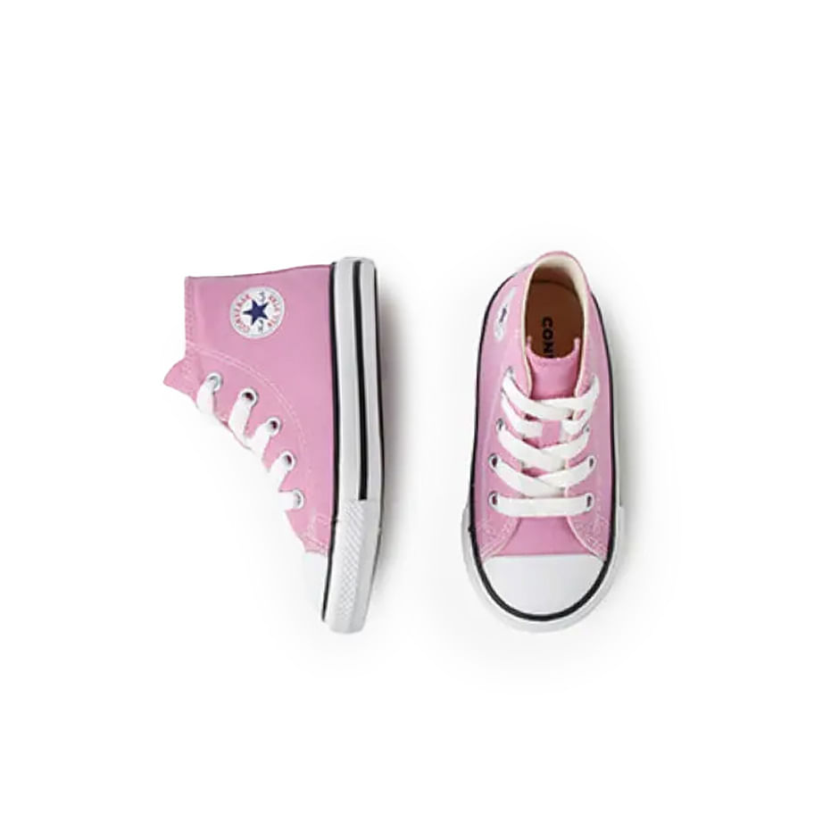Tênis infantil cano alto em canvas rosa vista superior e lateral para ajuste e conforto