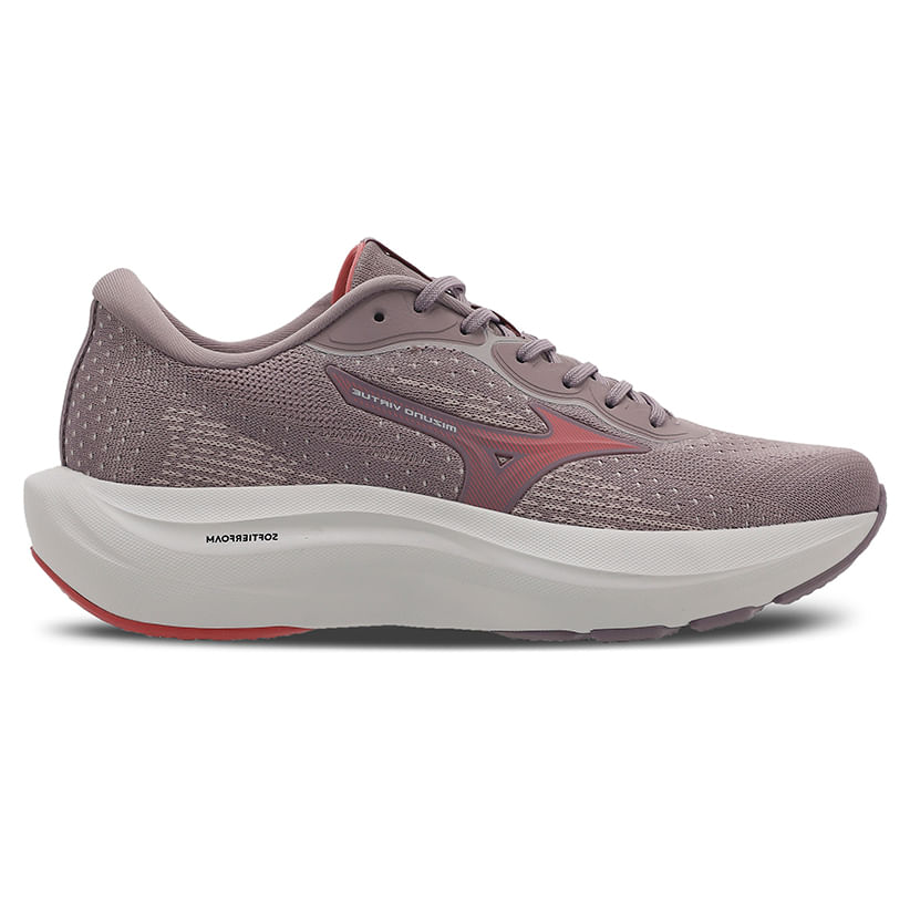 Tênis Mizuno Virtue feminino roxo com destaque para entressola e logo Mizuno