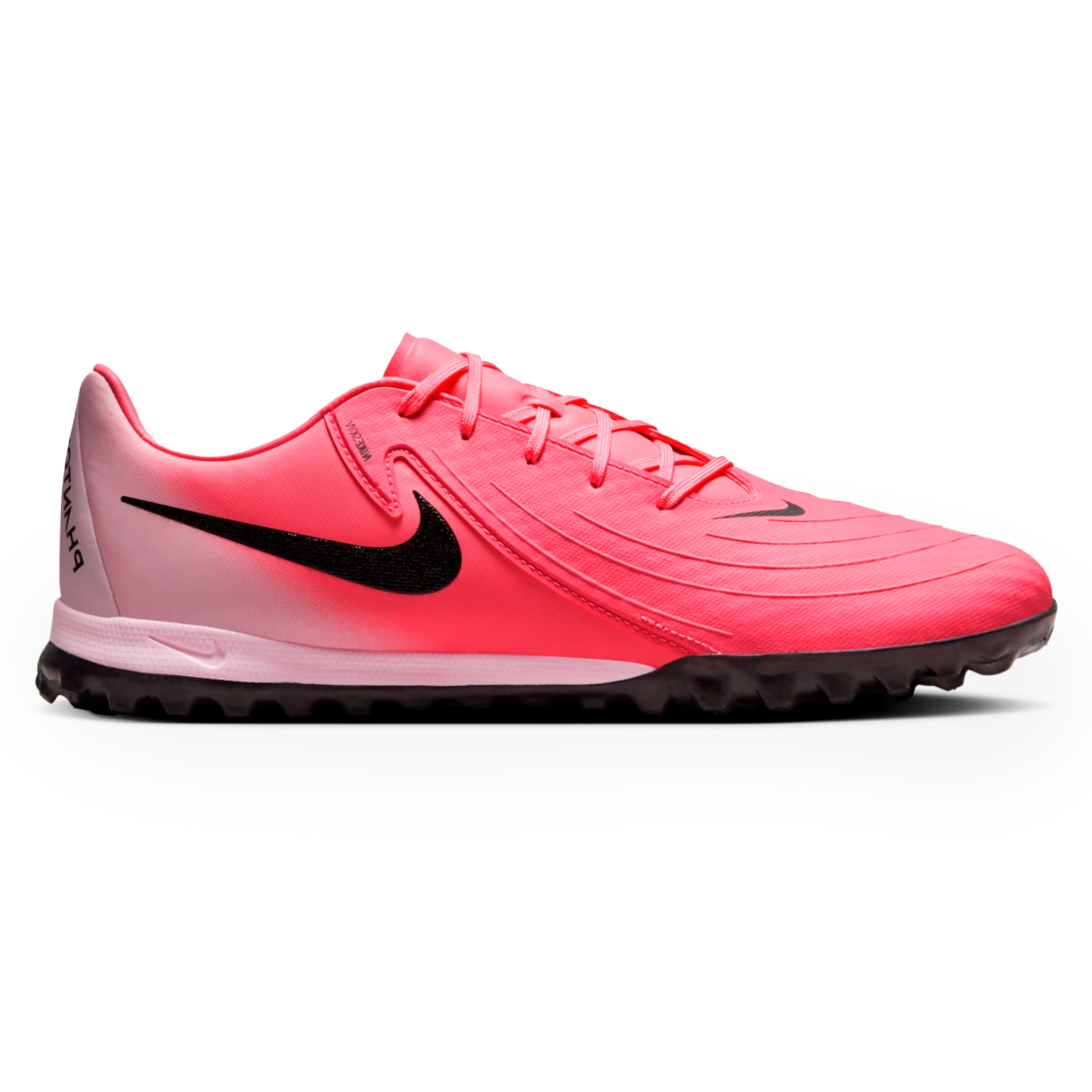 Chuteira Society Nike Phantom GX II Masculino Rosa vista lateral esquerda com cabedal sintético texturizado e solado preto com microcravos
