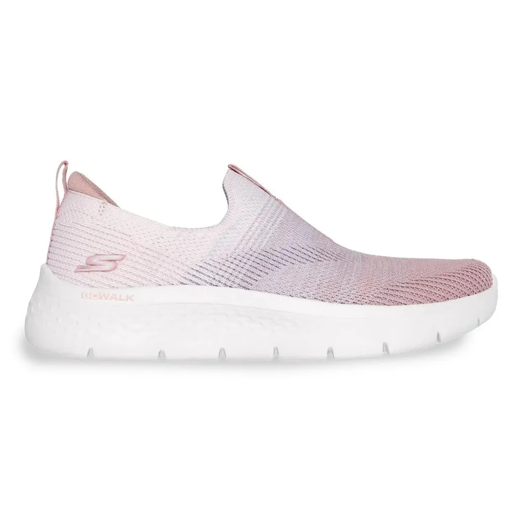 Tênis Skechers Go Walk Flex Feminino Rosa visto de frente com solado branco e cabedal rosa gradiente